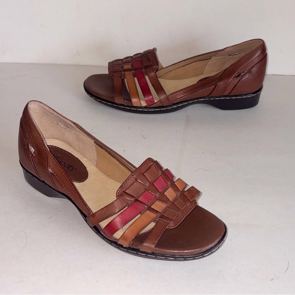 Softspots Brown Red & Tan Woven Leather Low Heel Slip On Sandals